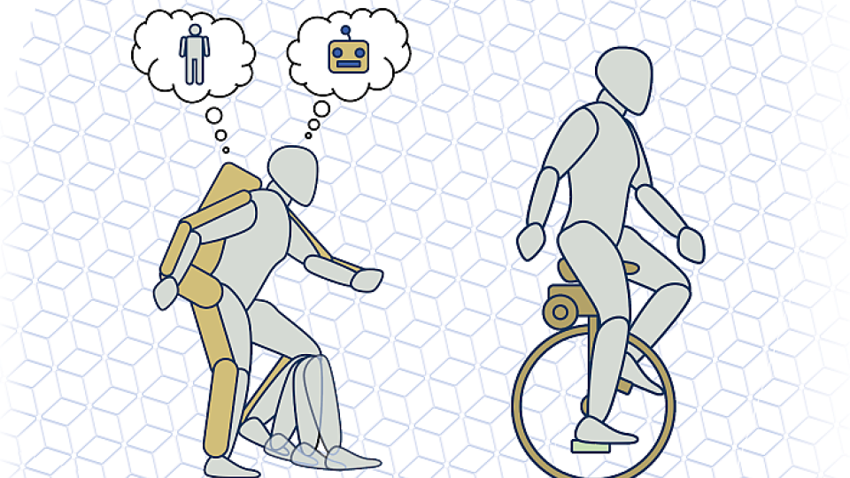 Graphic of person using an assistive device thinking about how a robot could hep learn riding a unicycle