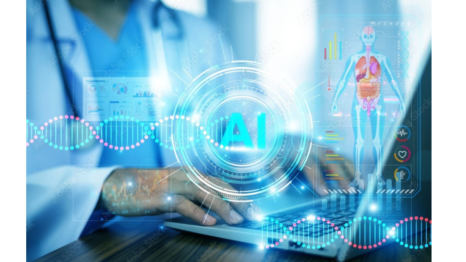 A doctor on a computer working with an AI-powered health device